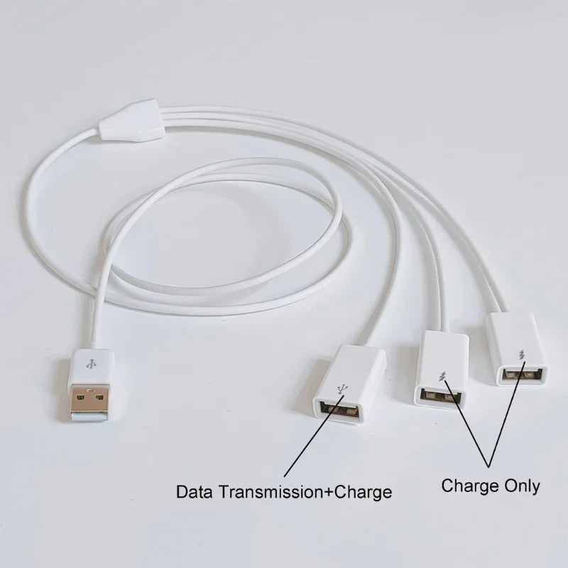 White 3-in-1 USB extension and splitter cable by BackupMyFilesNow.com with USB 2.0 adapter for fast charging and data transfer.