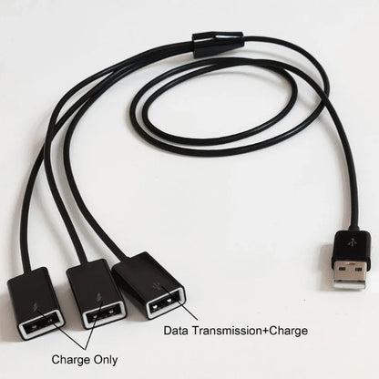 White 3-in-1 USB extension cable with fast charging and splitter features, includes USB male to female adapter for versatile device connection.