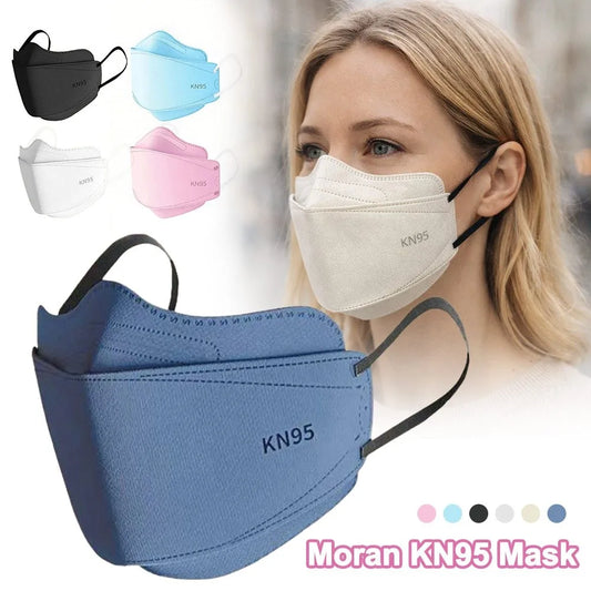 White V-face KN95 face masks with 4-layer design, disposable protective gear, individually packaged for dust and virus protection.