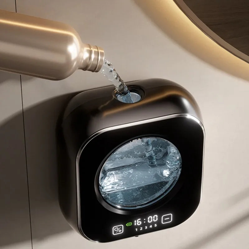 Wall-mounted automatic soap dispenser by BackupMyFilesNow.com with large capacity, rechargeable sensor, LED light, ideal for kitchen cleaning.