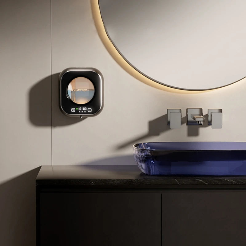 White wall-mounted automatic soap dispenser with non-contact sensor, large capacity, LED indicator, ideal for kitchen cleaning.