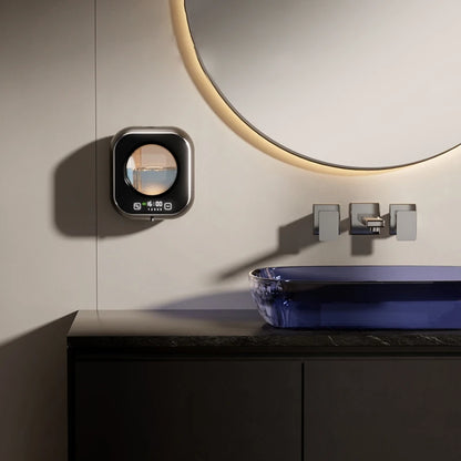 White wall-mounted automatic soap dispenser with non-contact sensor, large capacity, LED indicator, ideal for kitchen cleaning.