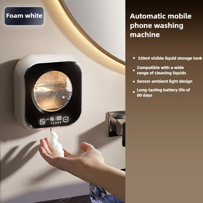 White wall-mounted automatic soap dispenser with large capacity, non-contact sensor, LED indicator, ideal for kitchen cleaning.