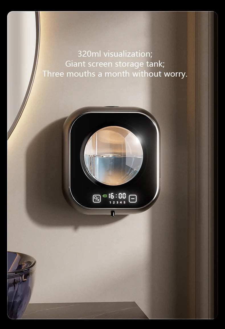 White wall-mounted automatic soap dispenser with large capacity, non-contact sensor, LED lights, ideal for kitchen cleaning.