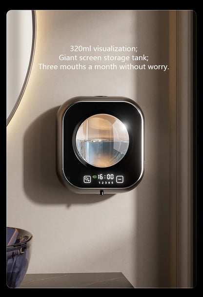 White wall-mounted automatic soap dispenser with large capacity, non-contact sensor, LED lights, ideal for kitchen cleaning.