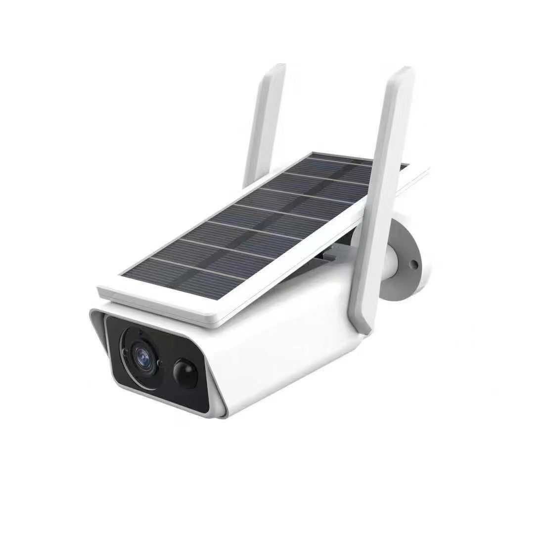 BackupMyFilesNow.com 3MP FHD solar outdoor security camera with night vision, white color, two batteries included.