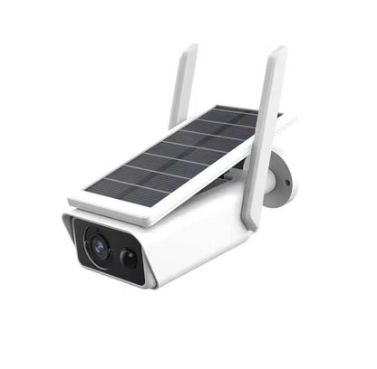 BackupMyFilesNow.com 3MP FHD solar outdoor security camera with night vision, white color, two batteries included.