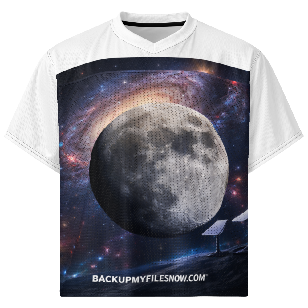 White all-over print boxy football jersey by BACKUPMYFILESNOW.COM® with bold graphic design and relaxed fit.