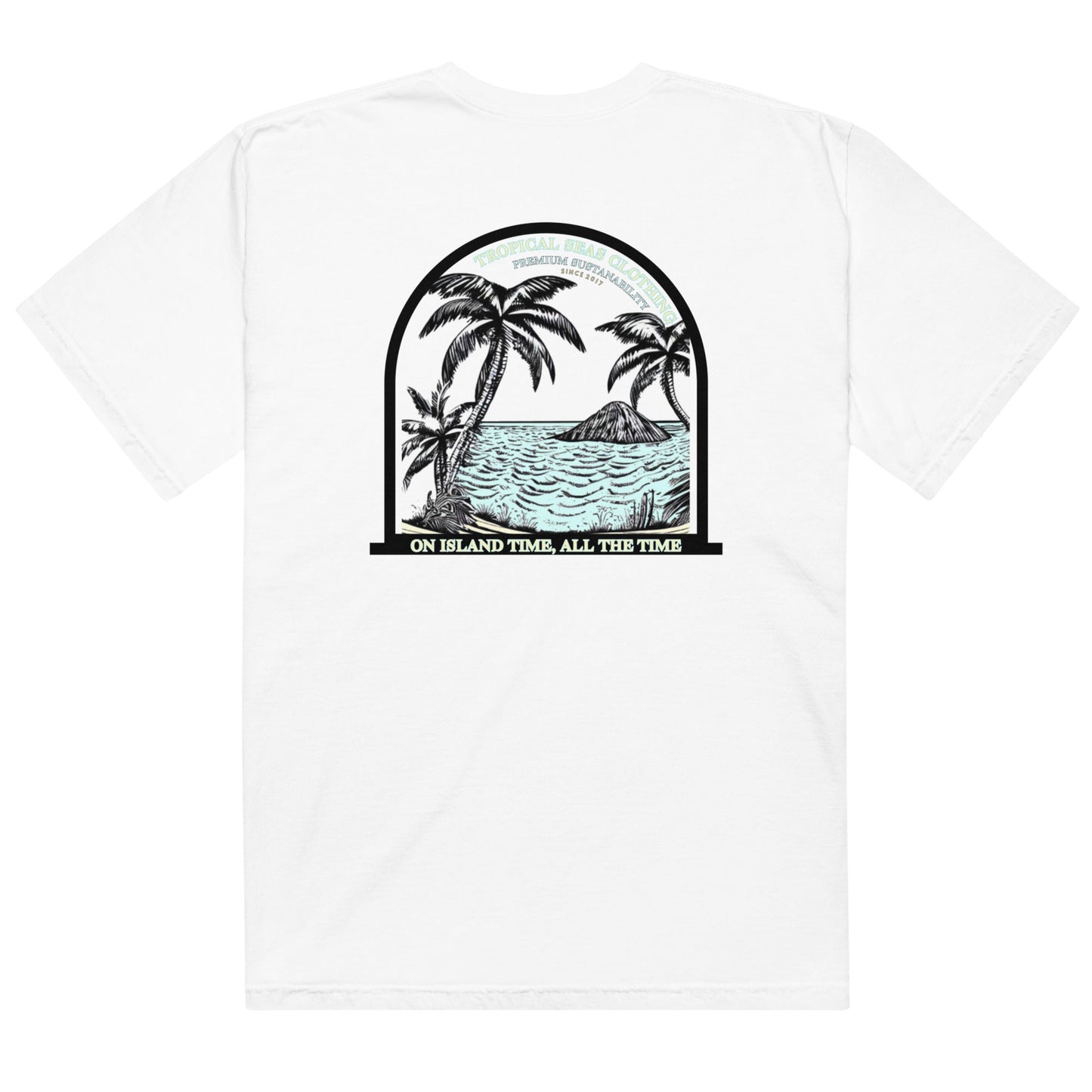 Men’s Island Time heavyweight T-shirt by BACKUPMYFILESNOW.COM® featuring tropical island graphic and bold design.
