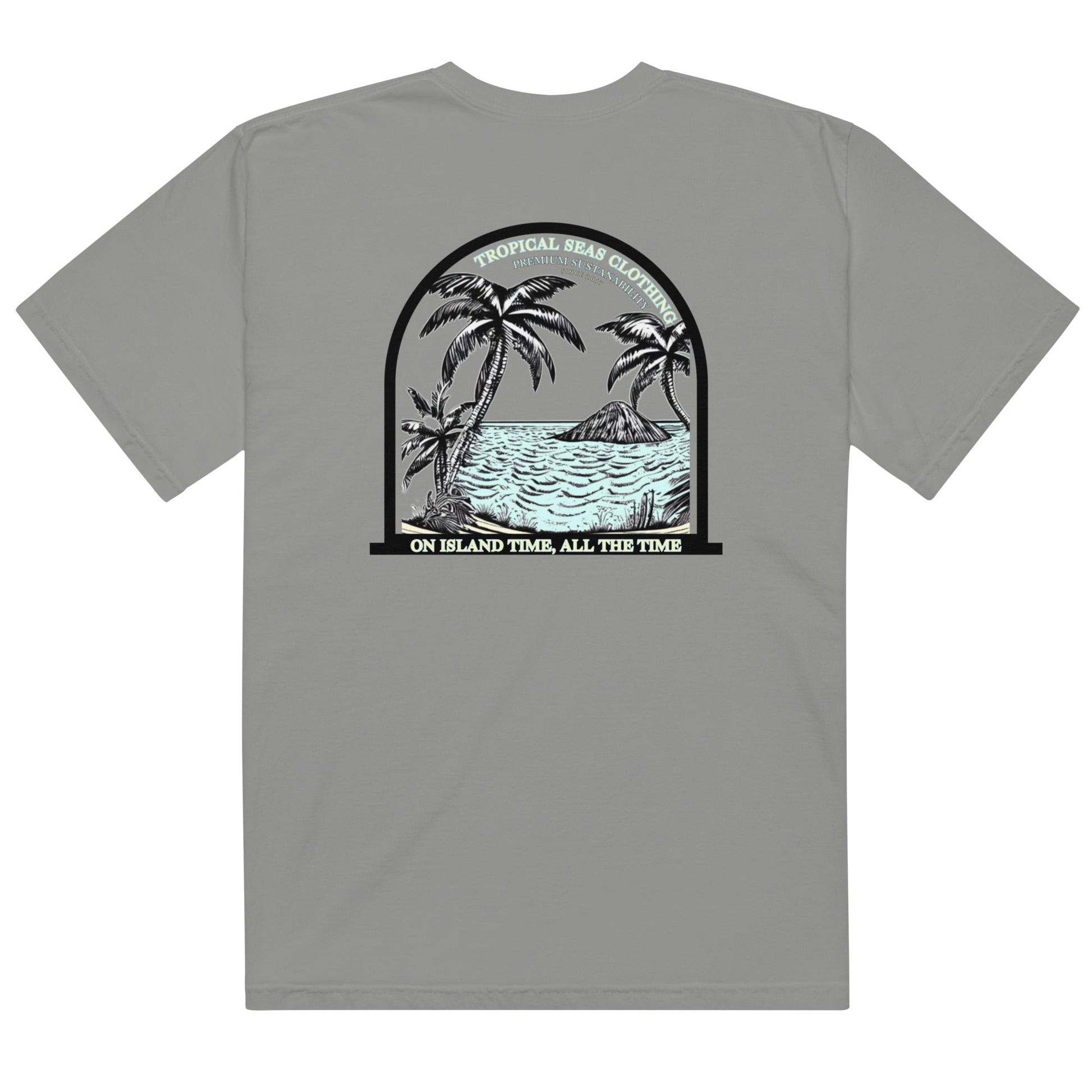 Men’s Island Time Heavyweight T-shirt by BACKUPMYFILESNOW.COM® featuring tropical island graphic and comfortable fit.
