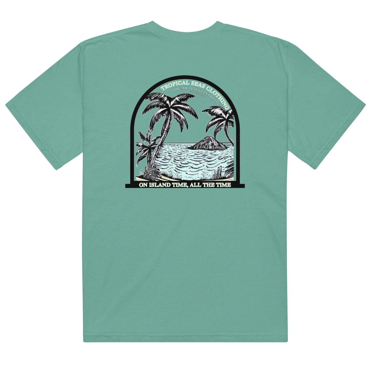 Men's Island Time Heavyweight T-Shirt by BACKUPMYFILESNOW.COM®, front view showing bold island-themed graphic on black fabric