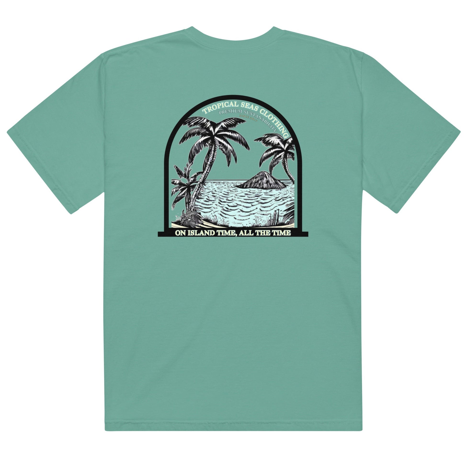 Men's Island Time Heavyweight T-Shirt by BACKUPMYFILESNOW.COM®, front view showing bold island-themed graphic on black fabric