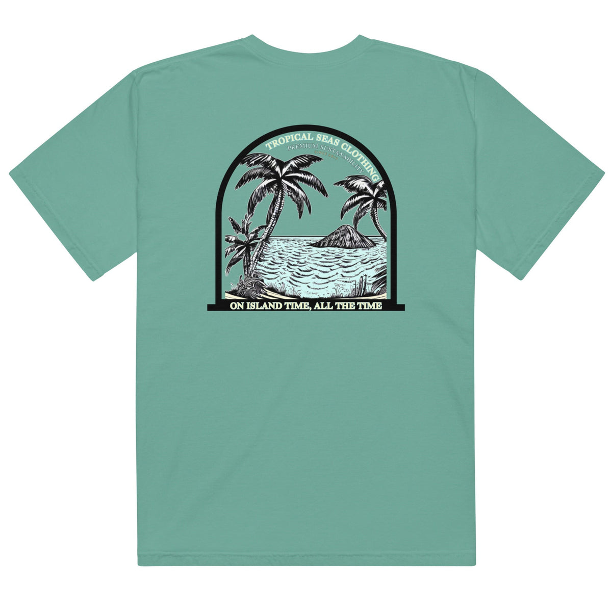 Men’s Island Time, All the Time heavyweight T-shirt by BACKUPMYFILESNOW.COM® featuring tropical island graphic on black fabric.