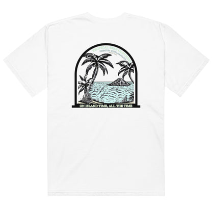 Men’s Island Time Heavyweight T-Shirt by BACKUPMYFILESNOW.COM® featuring a tropical island design and casual fit.