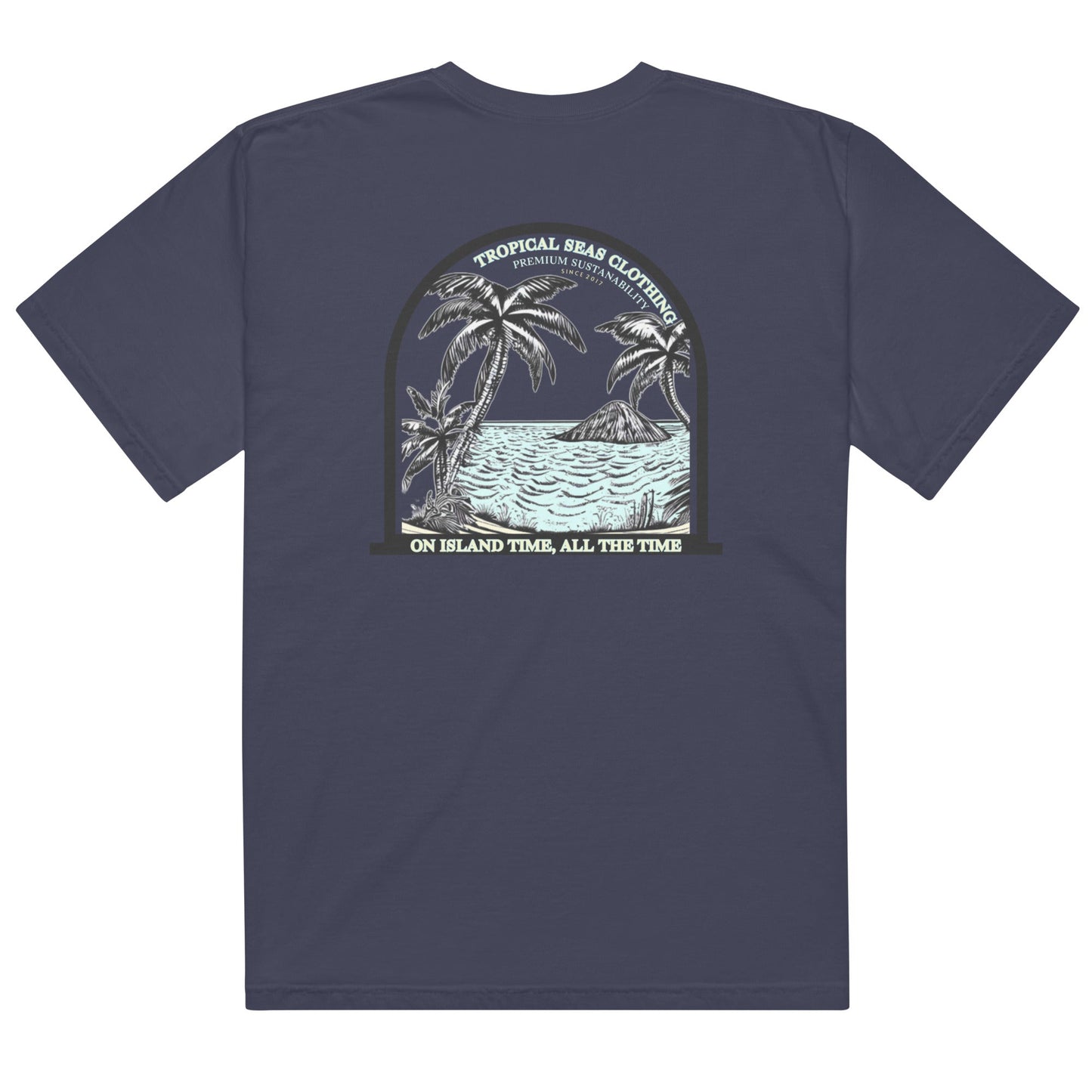 Men’s Island Time heavyweight T-shirt by BACKUPMYFILESNOW.COM® featuring tropical island graphic and casual fit.