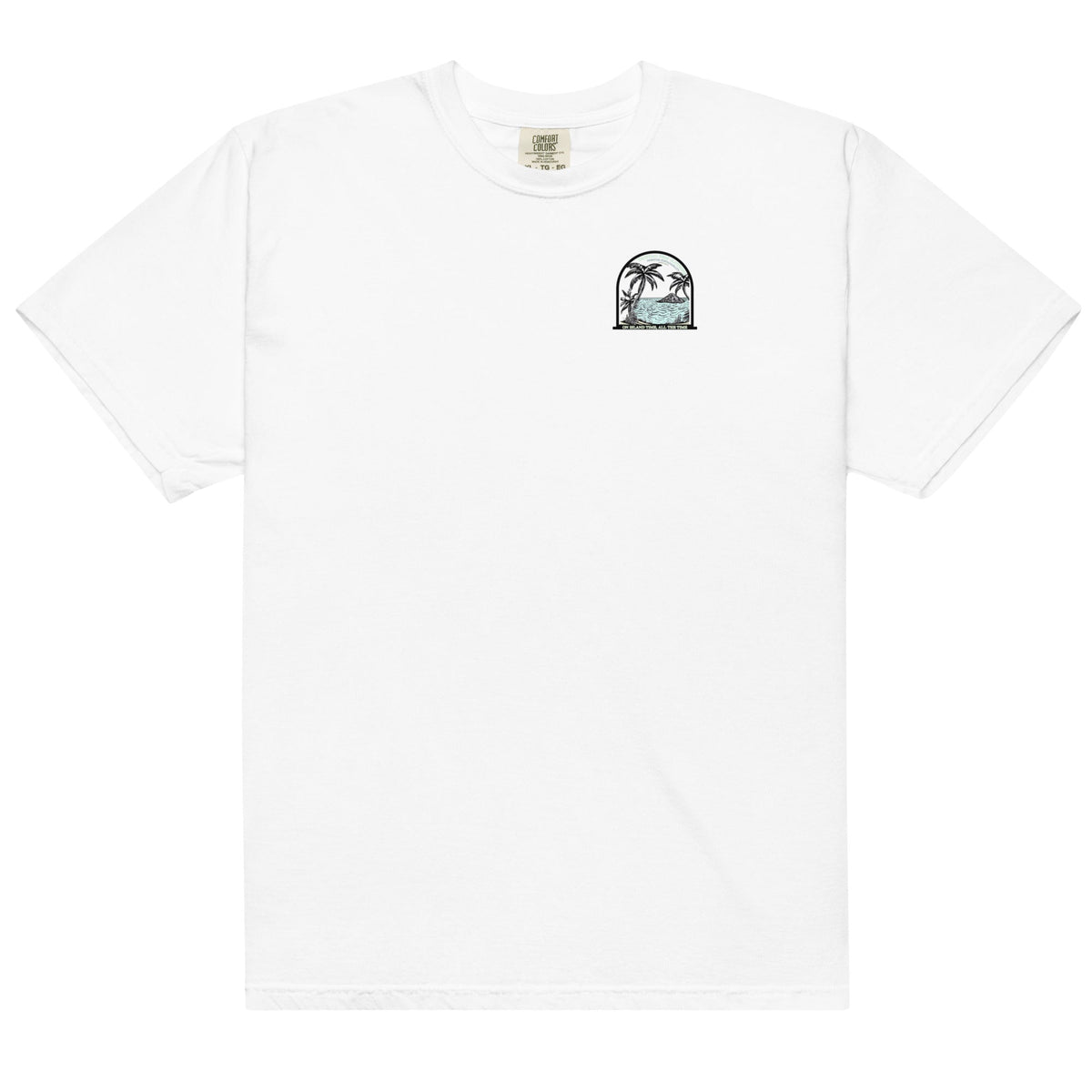 Men’s Island Time heavyweight T-shirt by BACKUPMYFILESNOW.COM® with tropical island graphic and bold design.