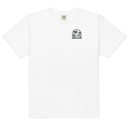Men’s Island Time heavyweight T-shirt by BACKUPMYFILESNOW.COM® with tropical island graphic and bold design.