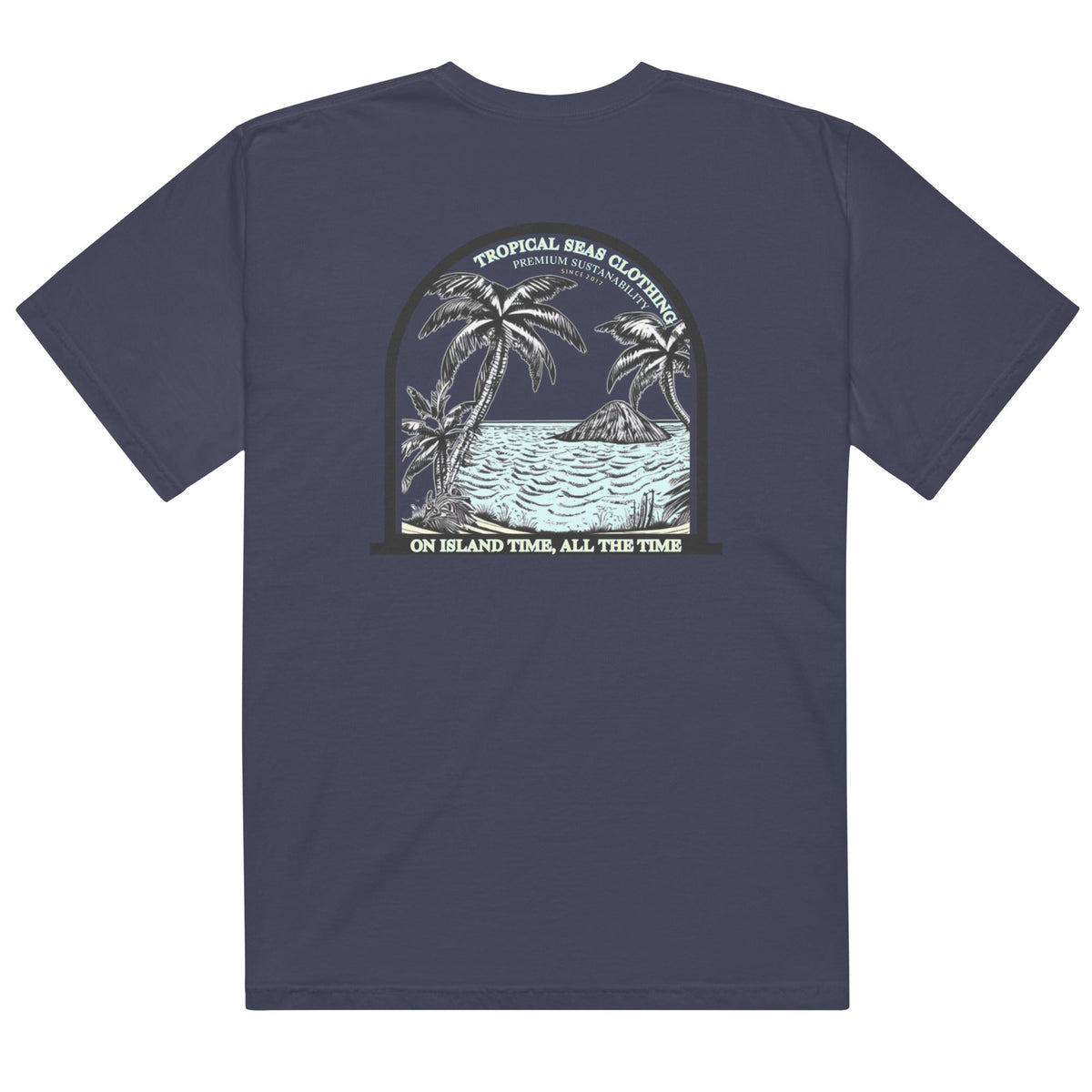 Men’s Island Time heavyweight T-shirt by BACKUPMYFILESNOW.COM® with island-themed graphic on front, casual and comfortable fit.
