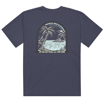Men’s Island Time heavyweight T-shirt by BACKUPMYFILESNOW.COM® with island-themed graphic on front, casual and comfortable fit.