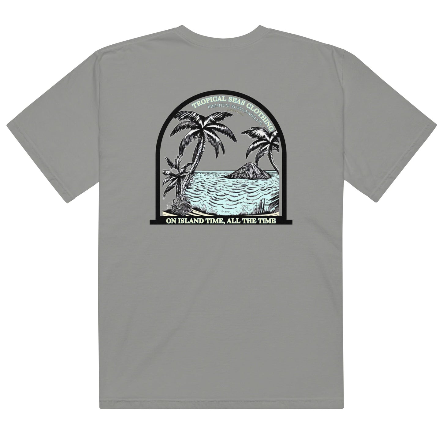 Men's Island Time Heavyweight T-Shirt by BACKUPMYFILESNOW.COM®, featuring a relaxed fit and island-themed graphic print.
