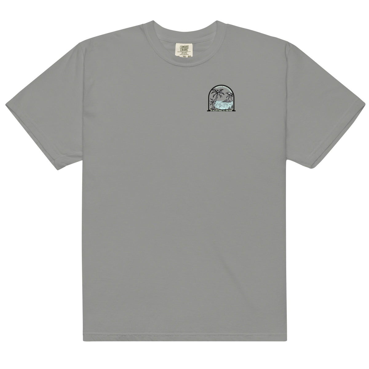 Men's Island Time heavyweight T-shirt by BACKUPMYFILESNOW.COM® featuring a tropical island design and casual fit.