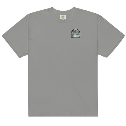 Men's Island Time heavyweight T-shirt by BACKUPMYFILESNOW.COM® featuring a tropical island design and casual fit.