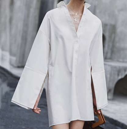 Women's loose shirt dress with lapel collar and side slit, stylish and comfortable from BACKUPMYFILESNOW.COM®.