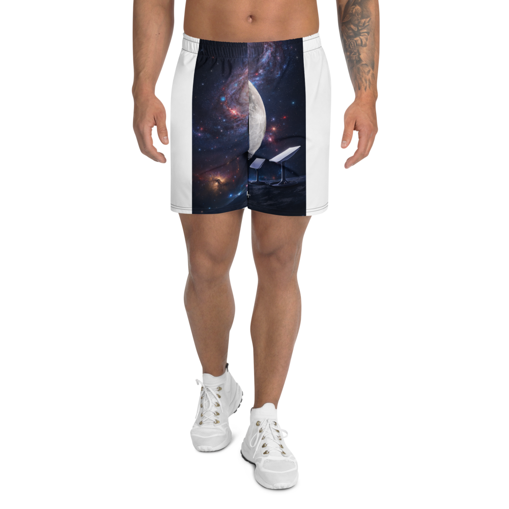 White unisex athletic long shorts with all-over print from BACKUPMYFILESNOW.COM®, designed for active wear and comfort.