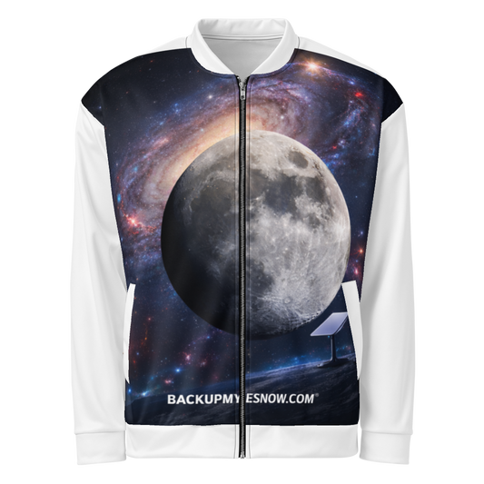 White unisex bomber jacket with all-over print from BACKUPMYFILESNOW.COM®, featuring a stylish and modern design.