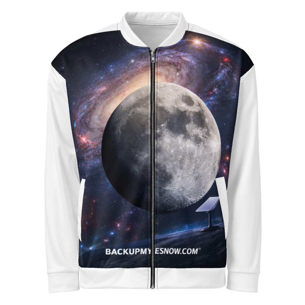 Unisex white all-over print bomber jacket by BACKUPMYFILESNOW.COM®, featuring a stylish design and comfortable fit.