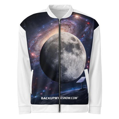 White all-over print unisex bomber jacket by BACKUPMYFILESNOW.COM®, featuring a stylish design and comfortable fit.