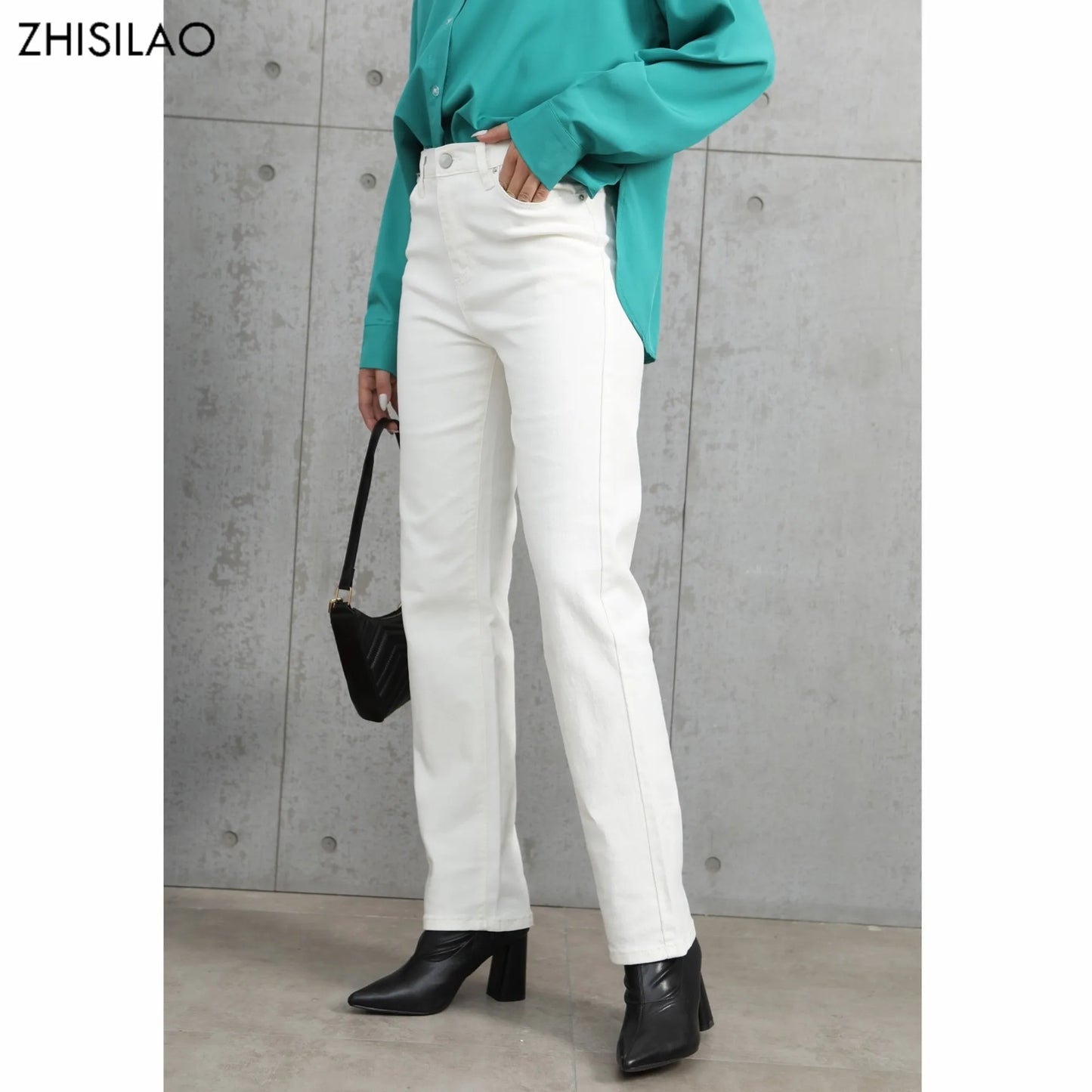 White vintage stretch high-waist straight wide-leg denim jeans for women, stylish streetwear from ZHISILAO.