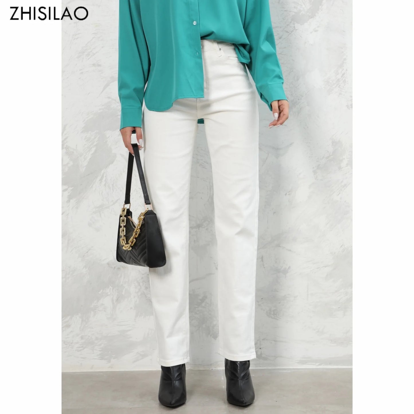 White vintage stretch high-waist wide-leg denim jeans for women, straight-leg style, ideal for autumn streetwear fashion.