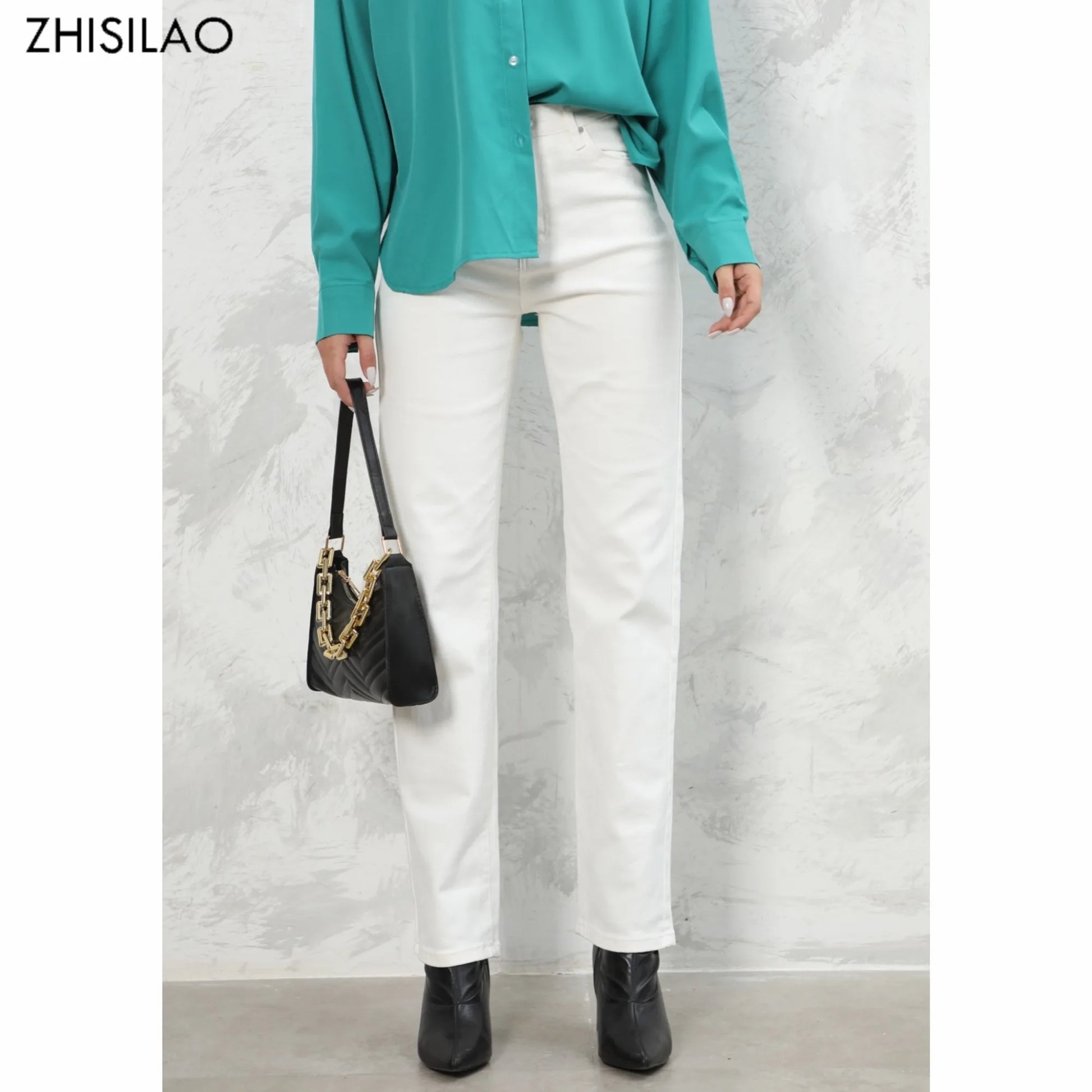 White vintage stretch high-waist wide-leg denim jeans for women, straight-leg style, ideal for autumn streetwear fashion.
