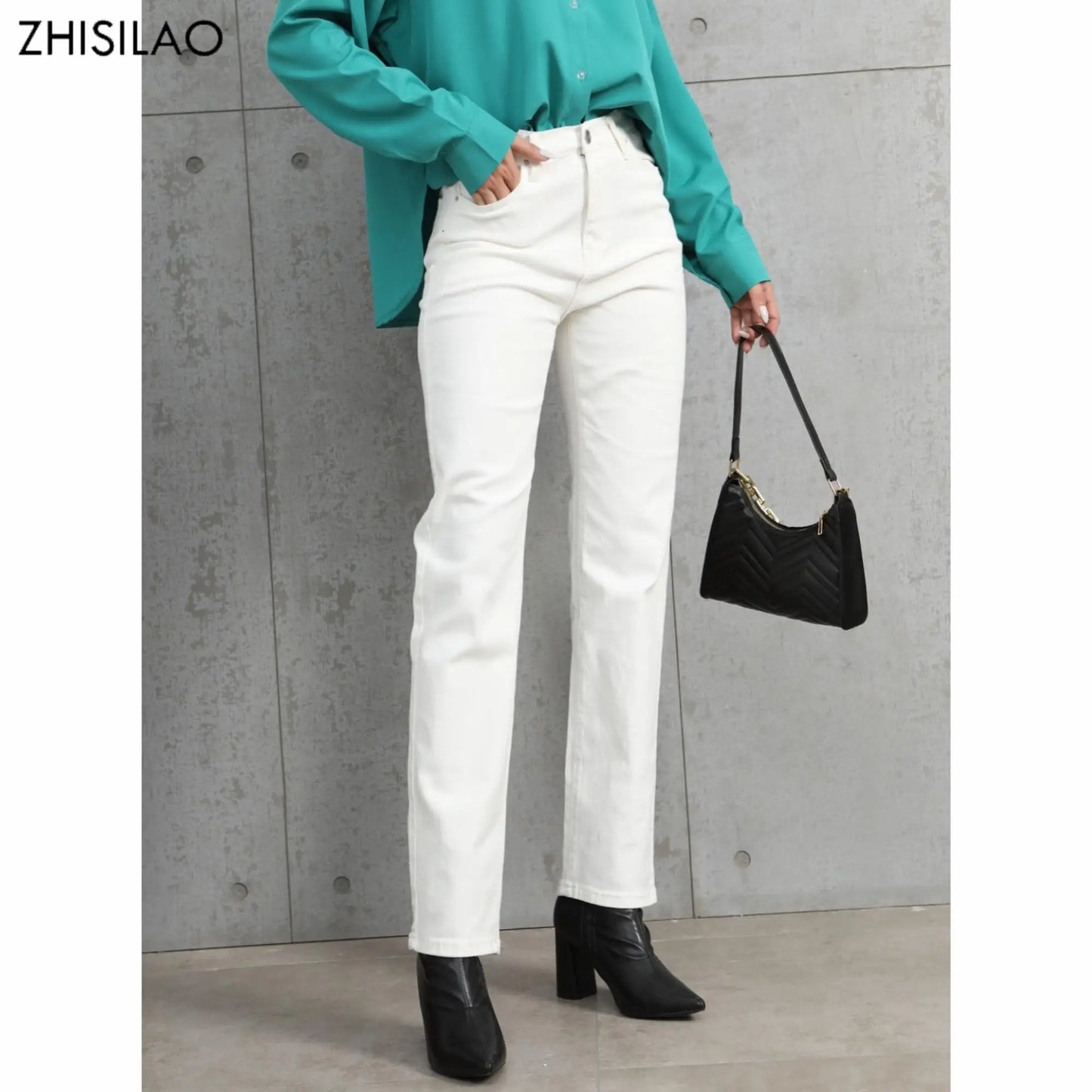 White vintage stretch high-waist wide-leg denim jeans for women, straight fit, autumn streetwear style.