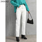 White vintage stretch high-waist wide-leg denim jeans for women, straight fit, autumn streetwear style.