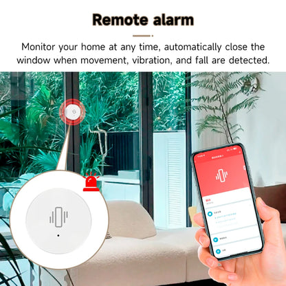 White Zigbee Smart Vibration Sensor for security system, detects shocks, alerts via app, ideal for glass break and real-time security.