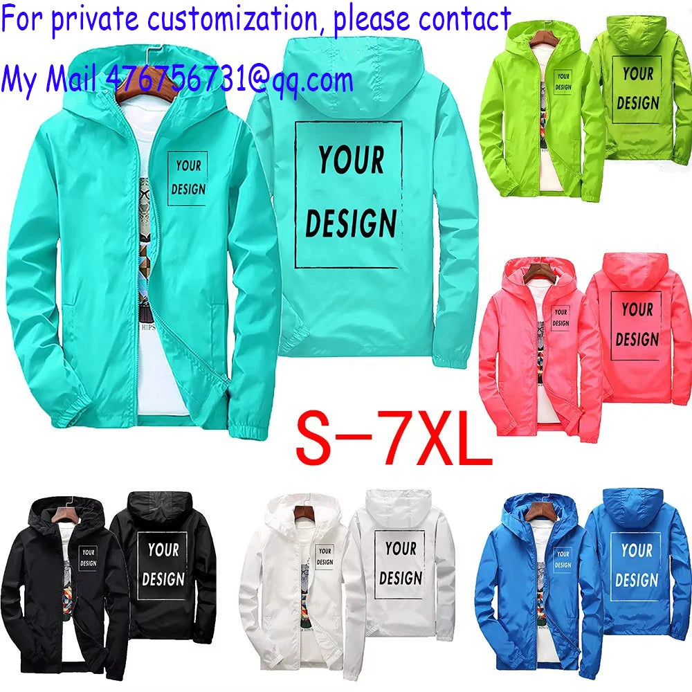 Men's waterproof autumn windbreaker jacket in green, black, and red with custom brand logo, casual outdoor style, oversized fit.