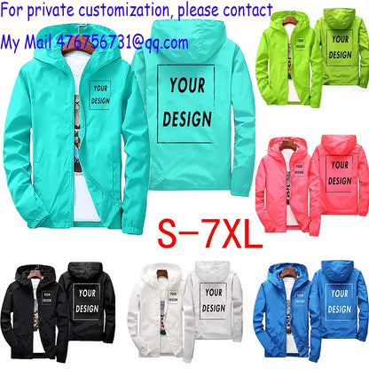 Men's waterproof autumn windbreaker jacket in green, black, and red with custom brand logo, casual outdoor style, oversized fit.