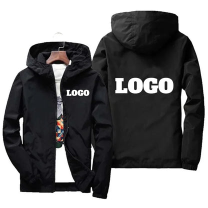 Men’s waterproof autumn windbreaker jacket with custom brand logo, in green, black, and red, designed for outdoor casual wear.