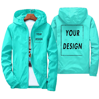 Men's waterproof autumn windbreaker jacket with custom brand logo, in green, black, and red, suitable for outdoor casual wear.