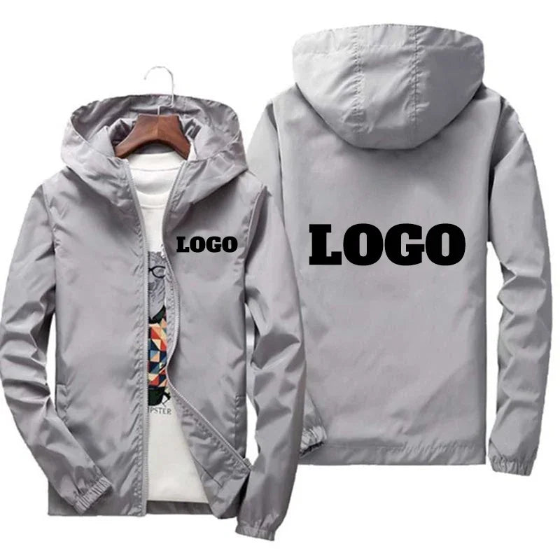 Men's waterproof autumn windbreaker jacket with custom brand logo, in green, black, and red, designed for outdoor and casual wear.