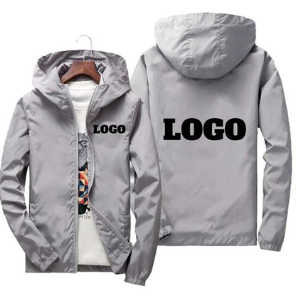 Men's waterproof autumn windbreaker jacket with custom brand logo, in green, black, and red, designed for outdoor and casual wear.