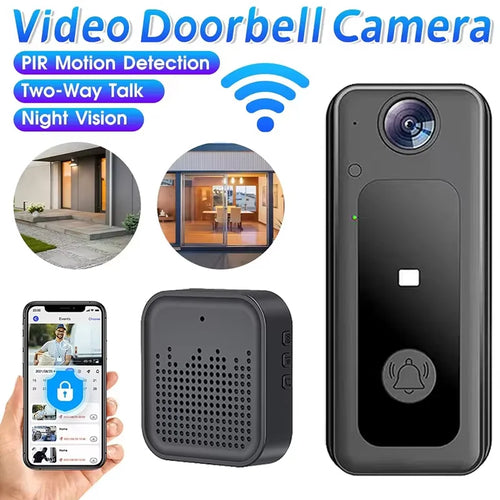 Wireless security doorbell with smart video, two-way audio, cloud storage, and battery power, ideal for home security.