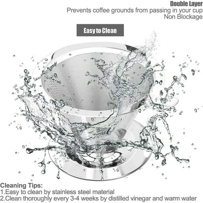 Stainless steel pour over coffee dripper with double mesh reusable filter for single cup brewing.