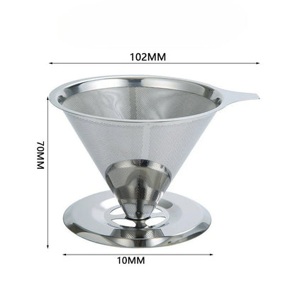 Stainless steel pour-over coffee dripper with double mesh reusable filter for single cup brewing, designed for fresh coffee.