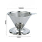 Stainless steel pour-over coffee dripper with double mesh reusable filter for single cup brewing, designed for fresh coffee.
