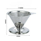 Stainless steel pour-over coffee dripper with double mesh reusable filter for single cup brewing.