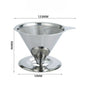 Metal pour over coffee dripper with double mesh stainless steel cone filter for single cup brewing, reusable and paperless.