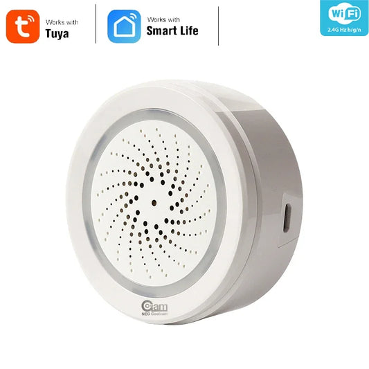 Smart Tuya WiFi Siren Alarm with temperature and humidity sensor, producing sound and light alerts for security and environment monitoring.
